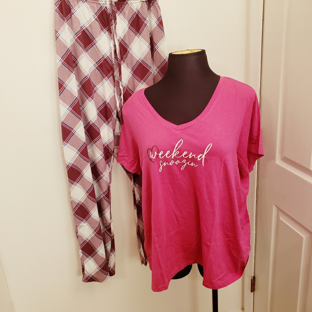 NWT Avenue 3 Piece Pink Plaid Pajama Lounge Set 22/24